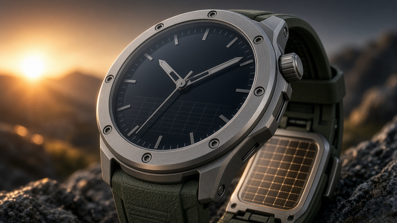 DualLux expedition stage — titanium dual-solar sports watch under trail sun